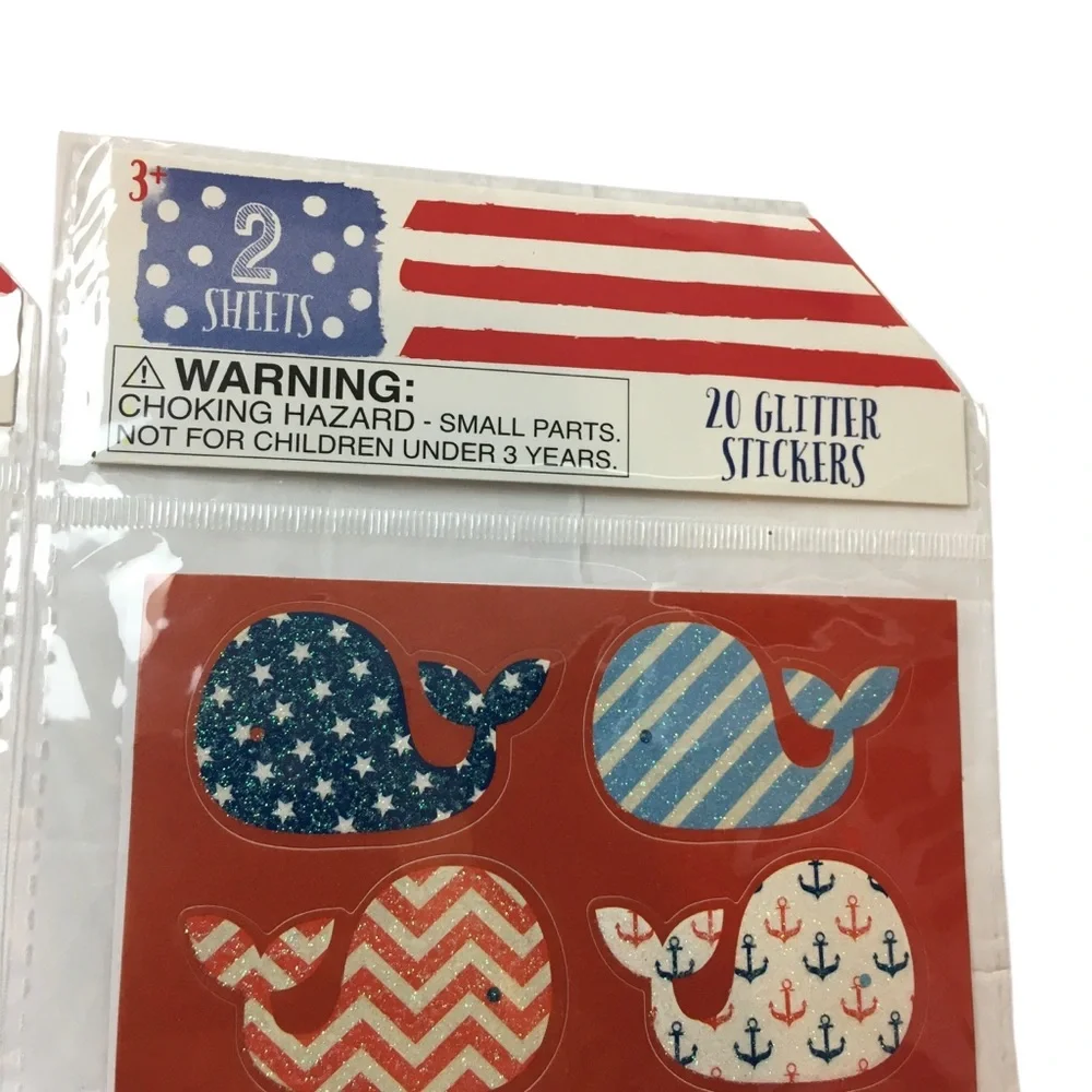 Patriotic Whale Glitter Stickers July 4th Stars Stripes Chevron 60 Total NEW